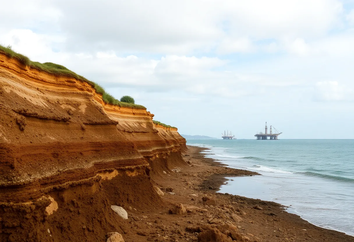 Coastal landscape affected by oil industrial activity