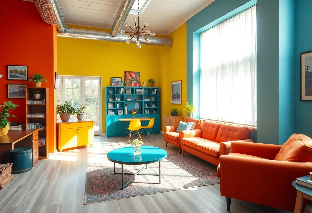 Vibrant living room with vintage furniture and bold colors