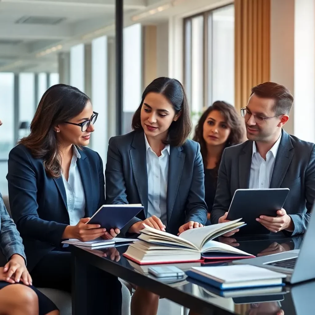 Diverse team of corporate lawyers collaborating in an office.