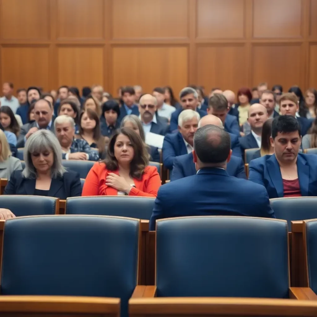 Concerned public awaiting legal hearings in Massachusetts courthouse