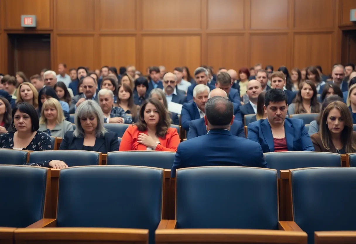 Concerned public awaiting legal hearings in Massachusetts courthouse