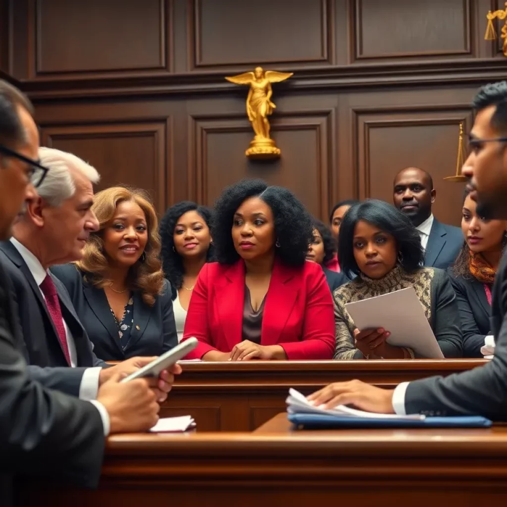 Dynamic courtroom scene showcasing diverse lawyers advocating for justice.