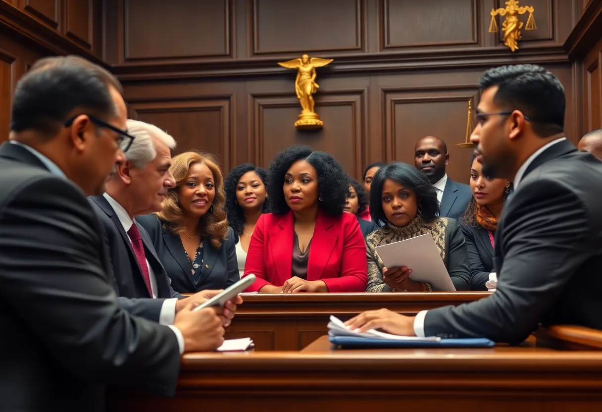 Dynamic courtroom scene showcasing diverse lawyers advocating for justice.