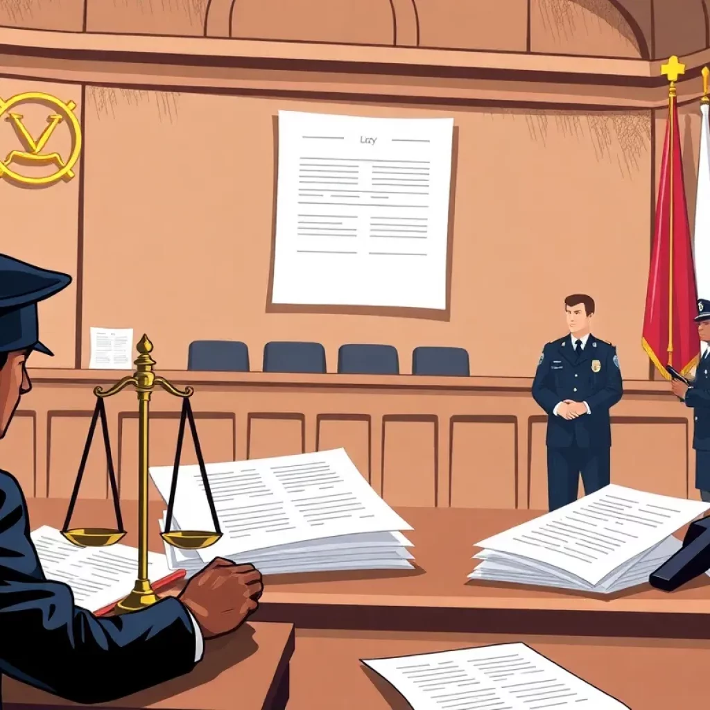 Illustration of a courtroom with legal symbols and documents
