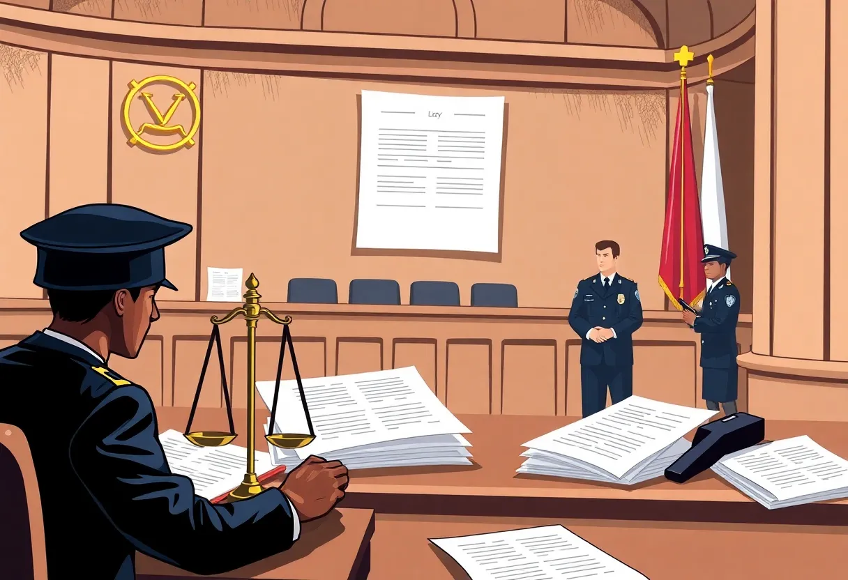 Illustration of a courtroom with legal symbols and documents
