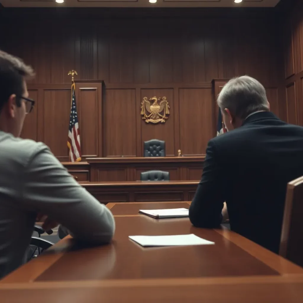 Courtroom scene with a judge and lawyers during a child abuse trial.
