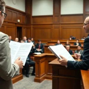 A courtroom setting with a lawyer, judges, and jurors in a personal injury case
