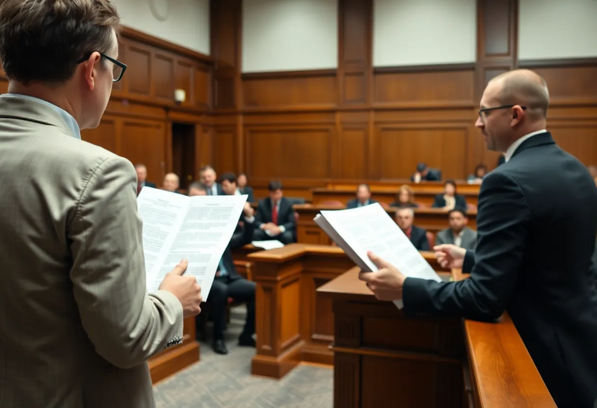 A courtroom setting with a lawyer, judges, and jurors in a personal injury case