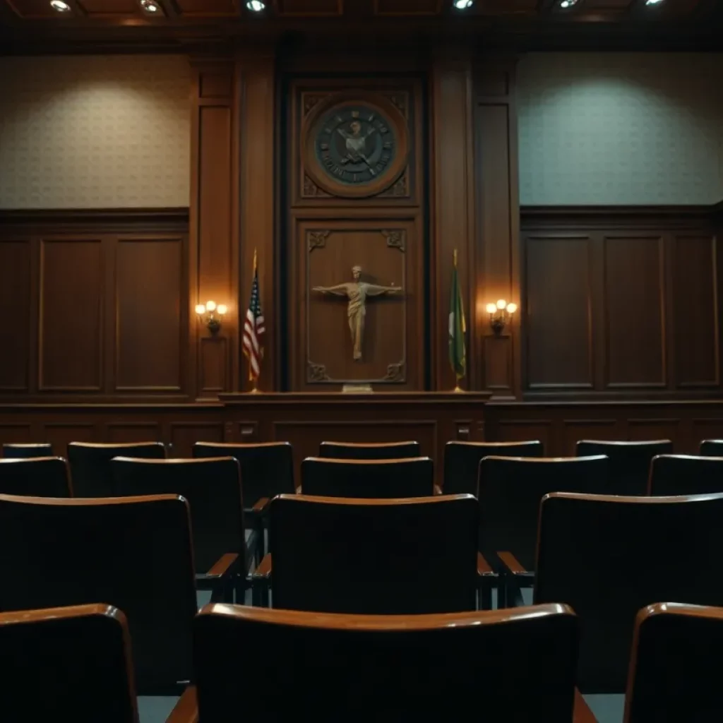 A courtroom scene symbolizing legal challenges in the Aurora dentist's murder case