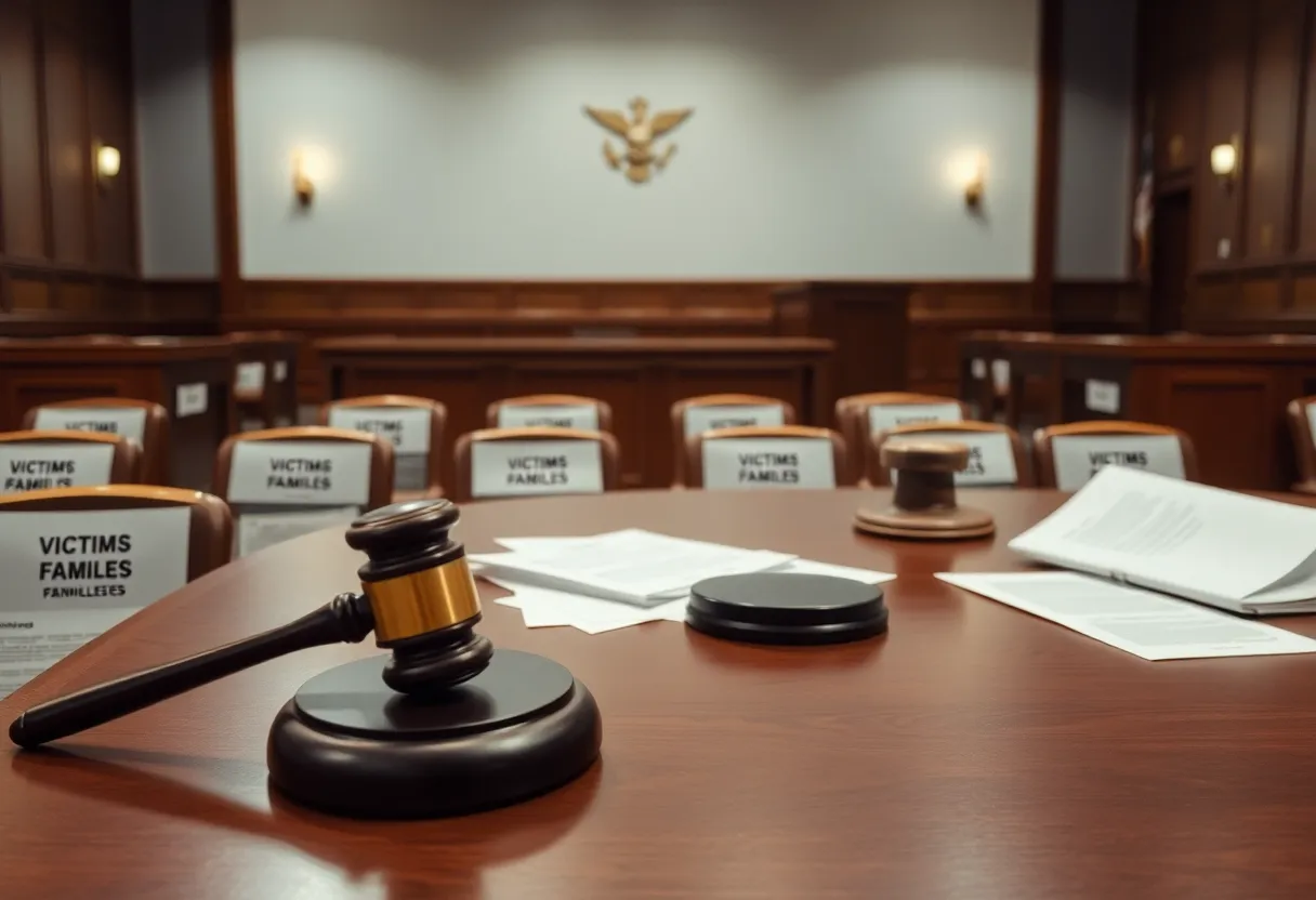Empty courtroom with legal documents and a gavel.