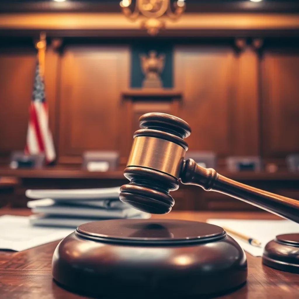 Courtroom with gavel and legal documents related to a celebrity lawsuit