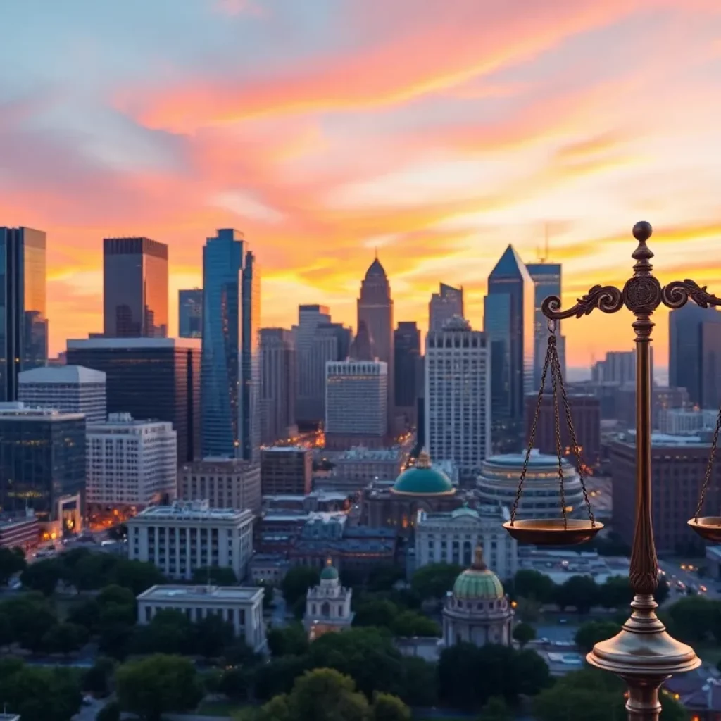 Cityscape of Dallas with symbols of justice