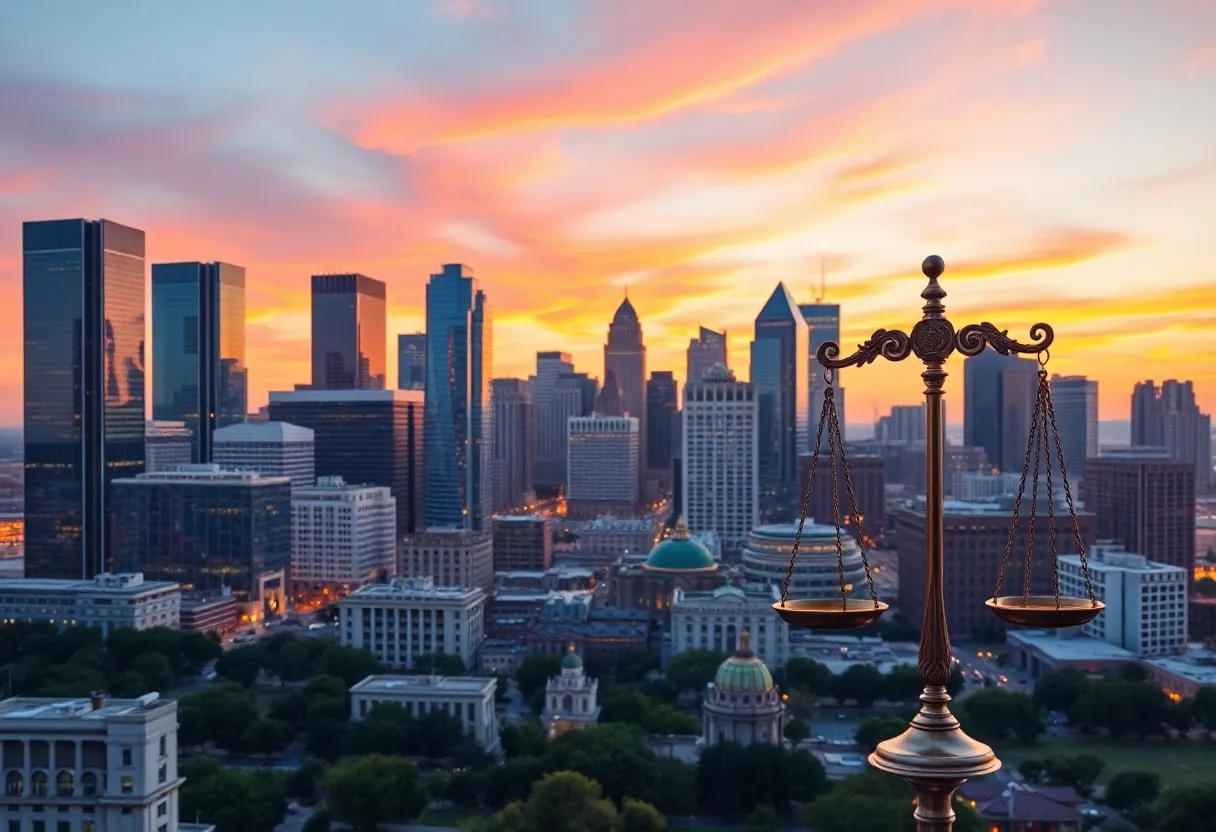 Cityscape of Dallas with symbols of justice