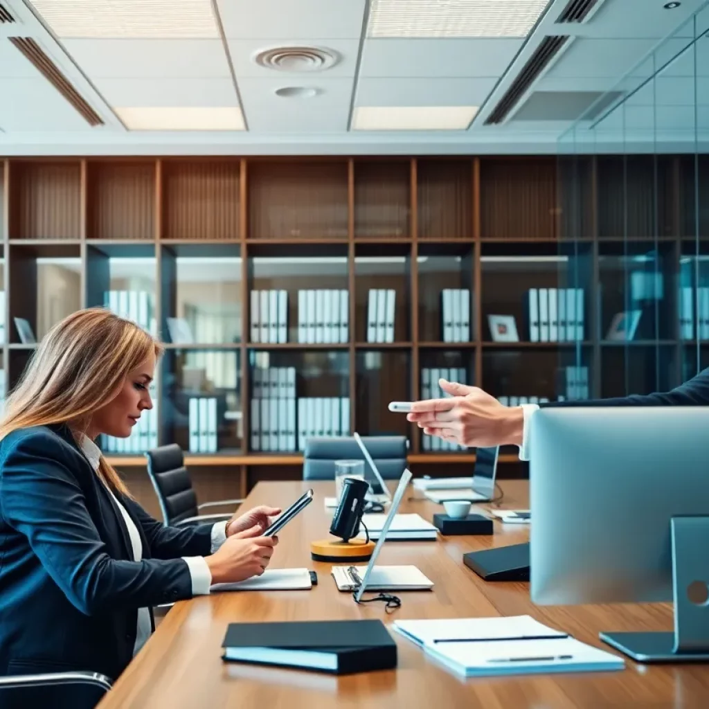 Lawyers using digital tools for case management in a modern office setting