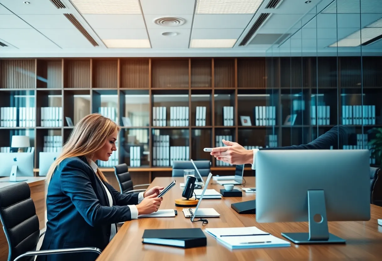 Lawyers using digital tools for case management in a modern office setting