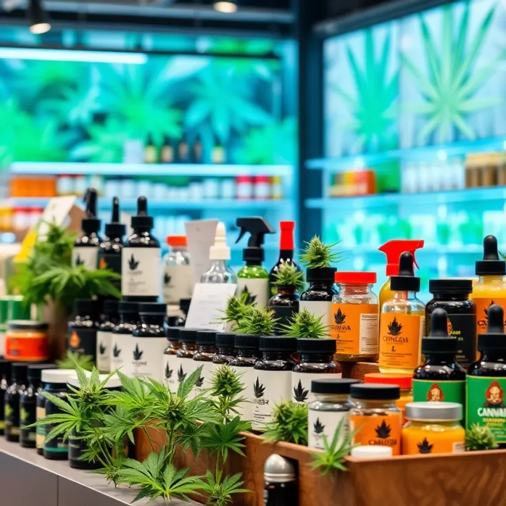 Various cannabis products including edibles, beverages, and wellness items arranged in a retail environment.