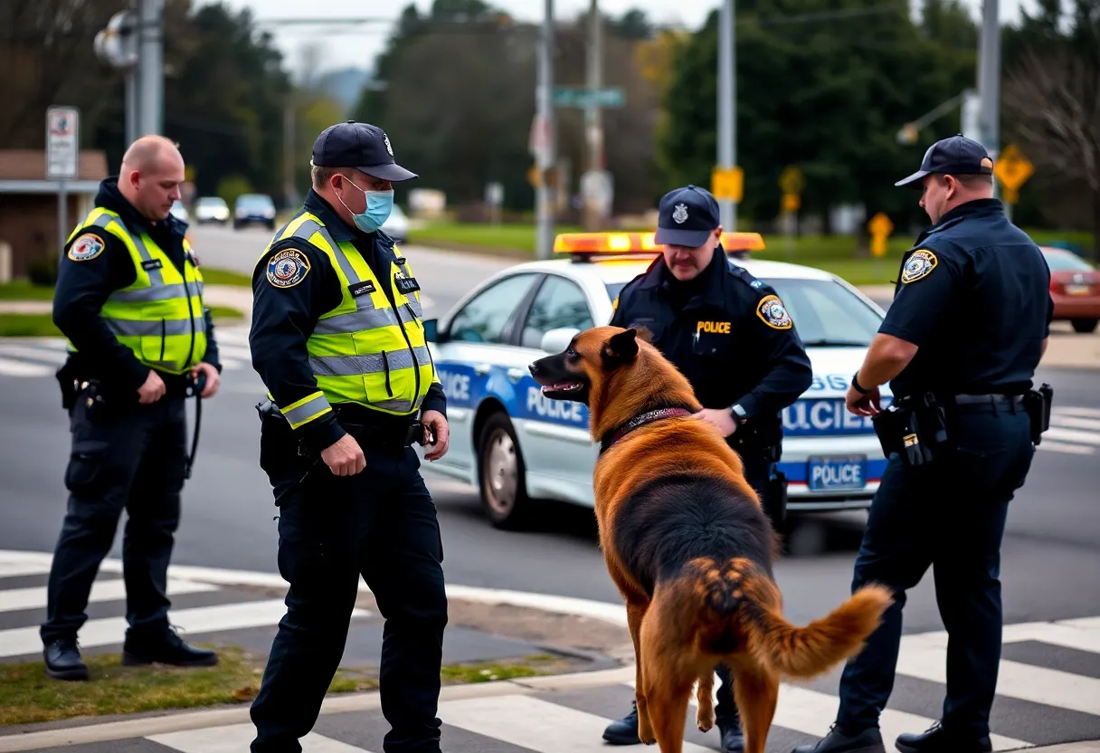 Police officers confronting an aggressive dog during an arrest warrant execution.