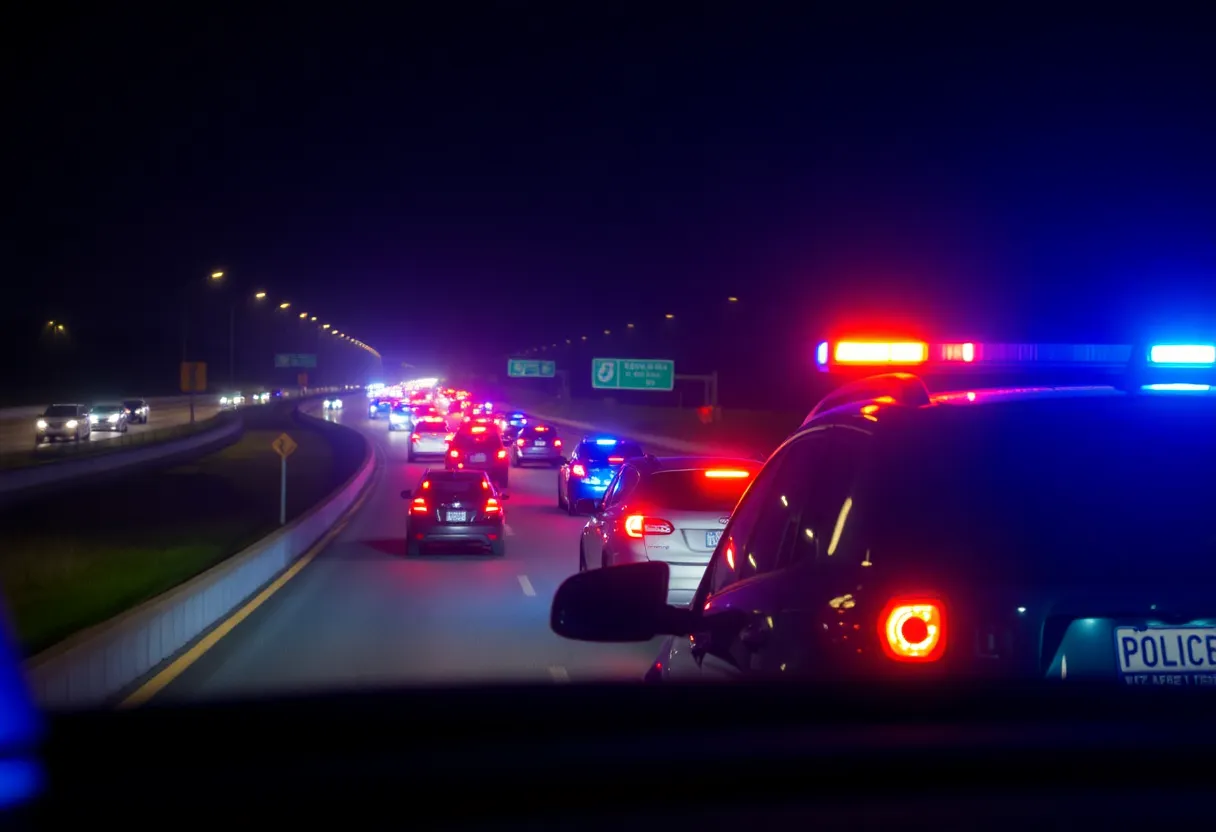 Police lights flashing on Interstate 26 after a collision