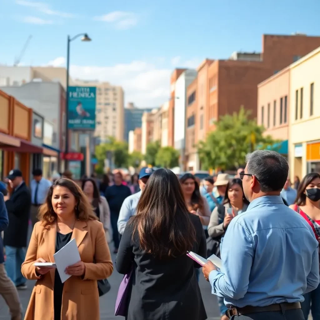 Scene depicting legal professionals and clients engaging in conversation on a busy El Paso street.