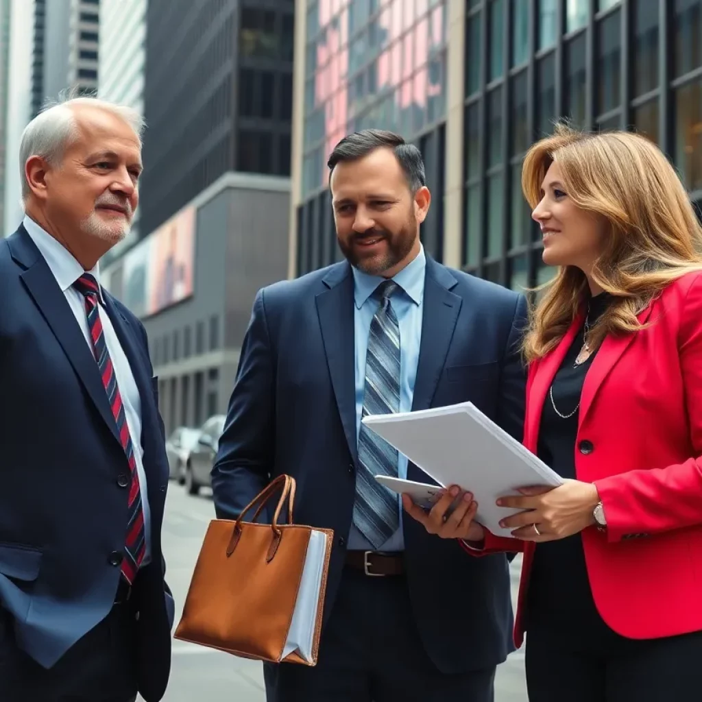 A group of trial lawyers collaborating in a Chicago office setting.