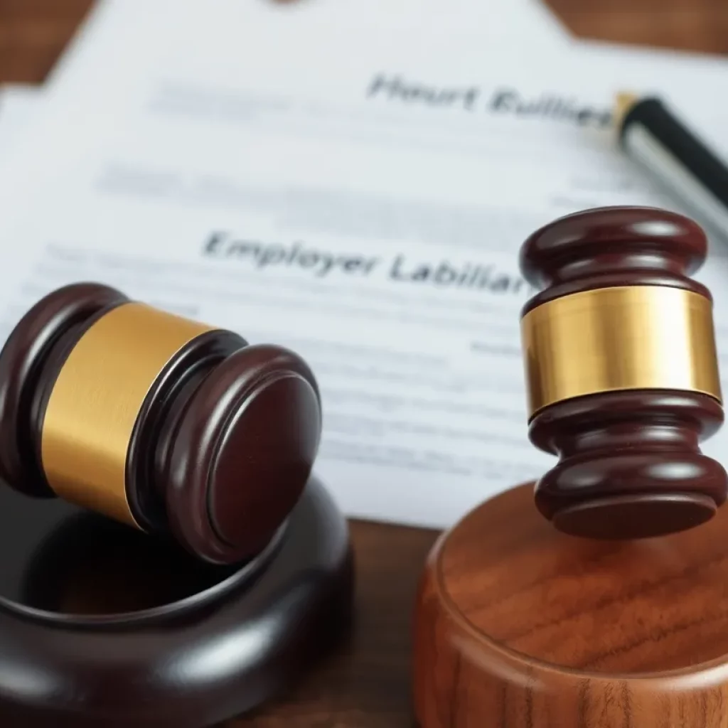 A gavel and legal documents symbolizing employer liability in court.