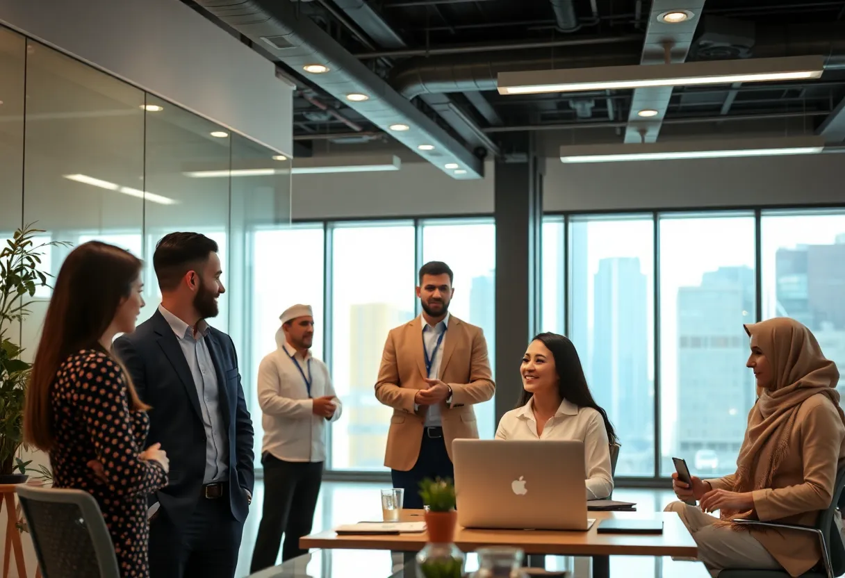 Diverse professionals in a collaborative office setting in the Middle East
