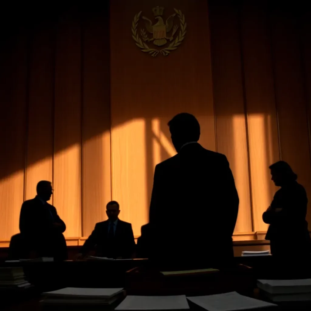Courtroom scene depicting shadows and legal documents symbolizing the Epstein controversy.