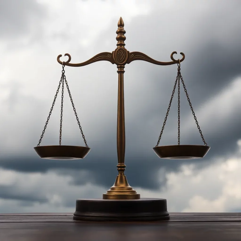 Symbolic balance scale representing justice amidst dark clouds