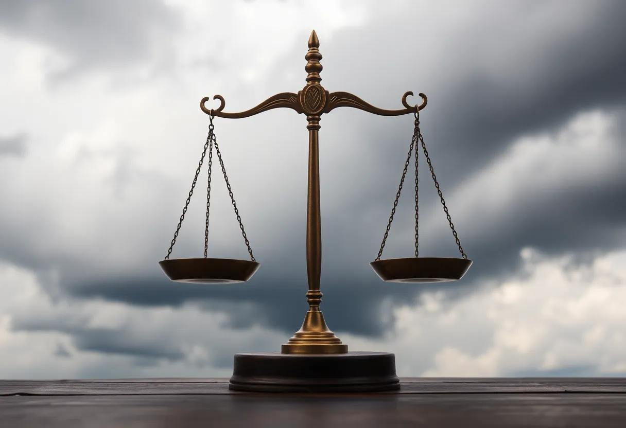 Symbolic balance scale representing justice amidst dark clouds