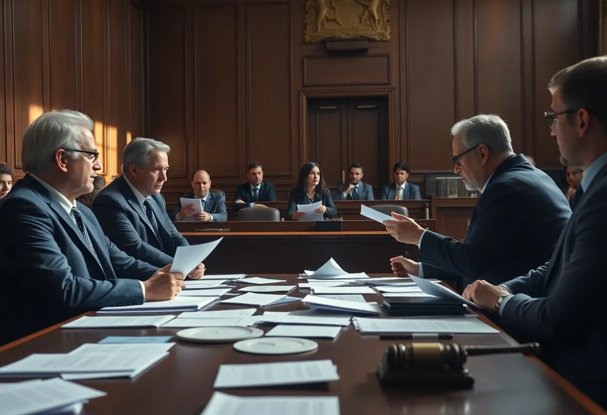 Lawyers in a courtroom discussing a high-profile case.