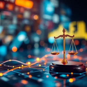 Abstract representation of evolving legal news reporting with law symbols.
