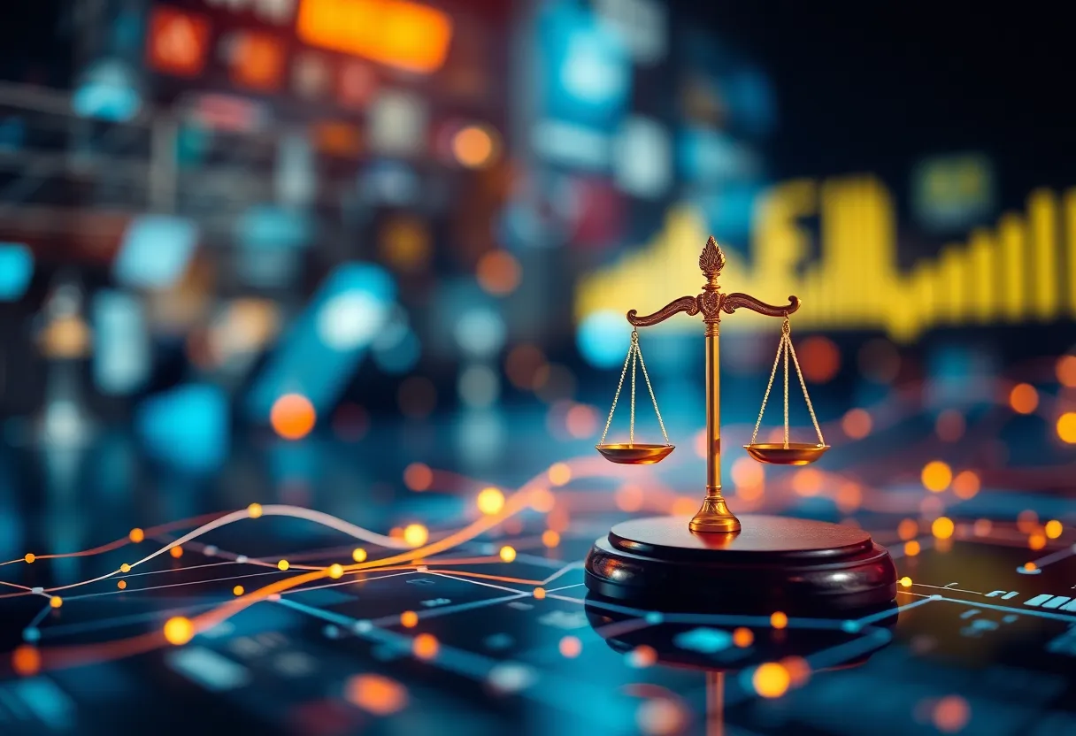 Abstract representation of evolving legal news reporting with law symbols.