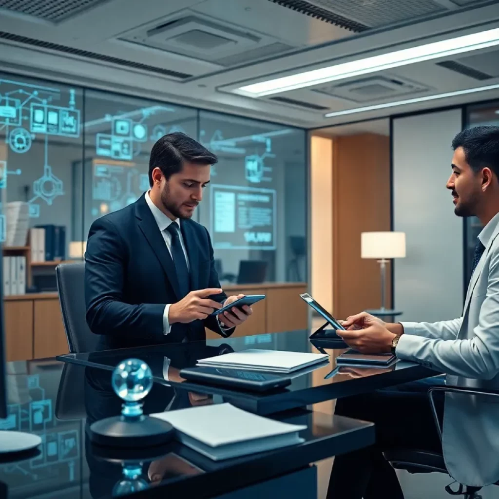 Futuristic personal injury law office with lawyers using technology