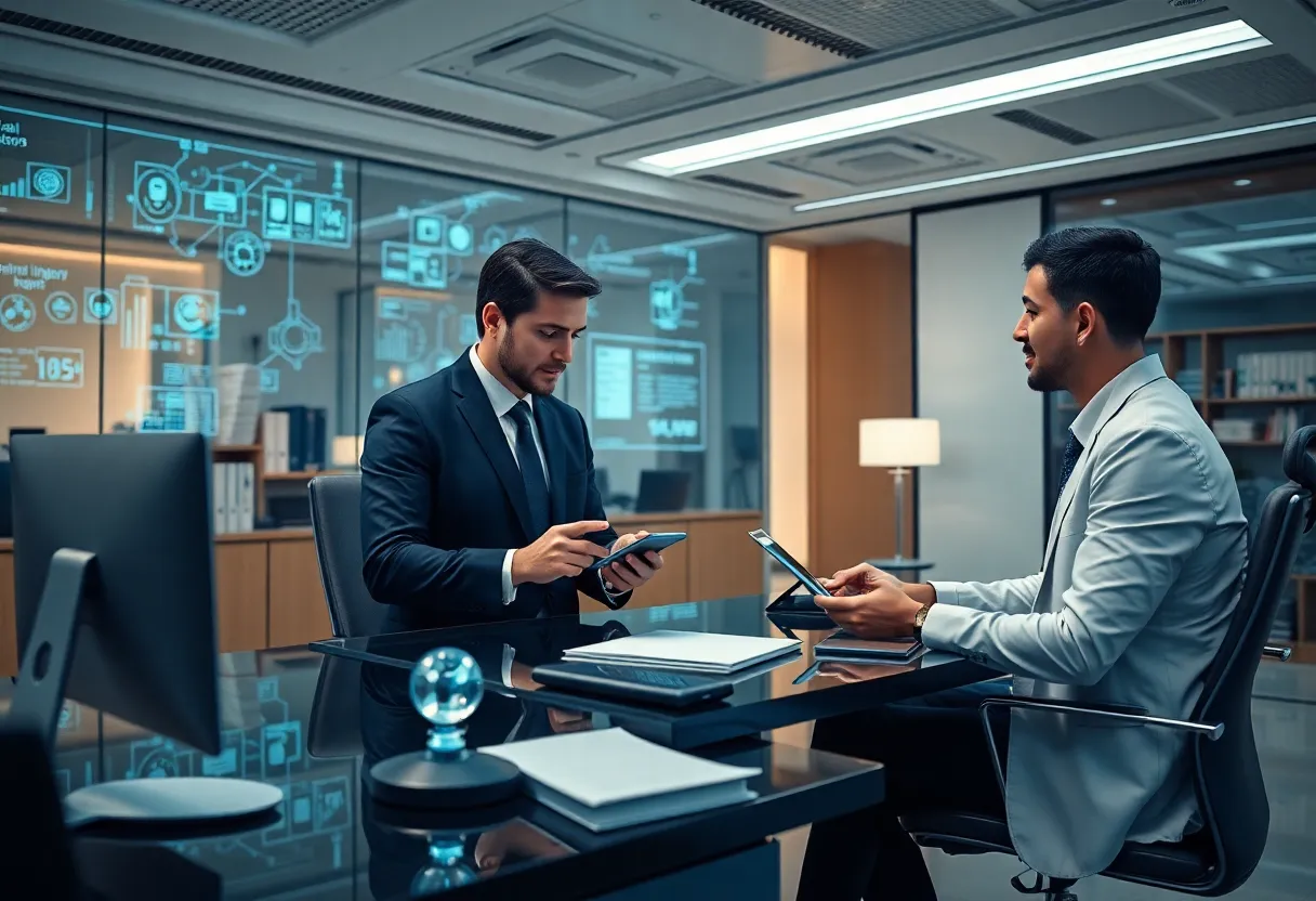 Futuristic personal injury law office with lawyers using technology