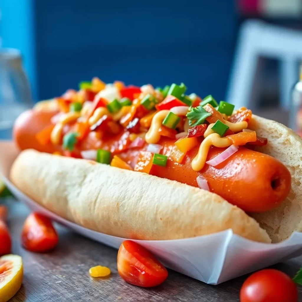 Gourmet hot dog with unique toppings in Charleston.