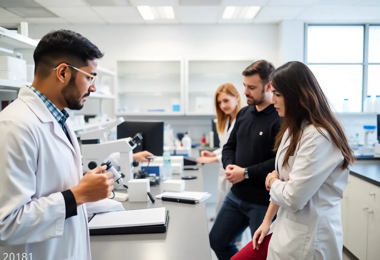 Researchers in a laboratory working on immunotherapy for cancer treatment.
