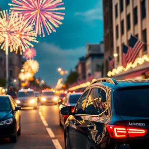 Celebration scene with fireworks and a focus on safe Uber rides