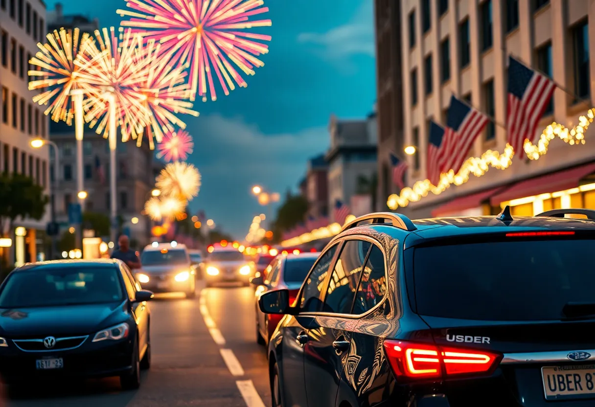 Celebration scene with fireworks and a focus on safe Uber rides