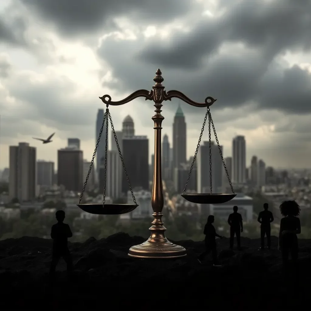 Abstract representation of justice and youth crime issues in a city.