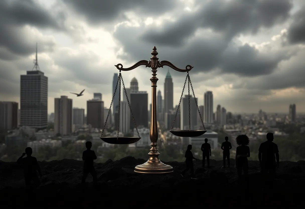 Abstract representation of justice and youth crime issues in a city.