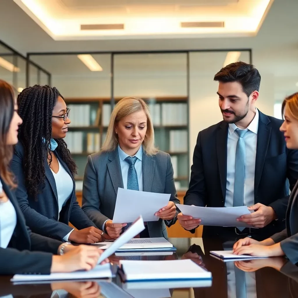 Legal professionals in a discussion at a law office