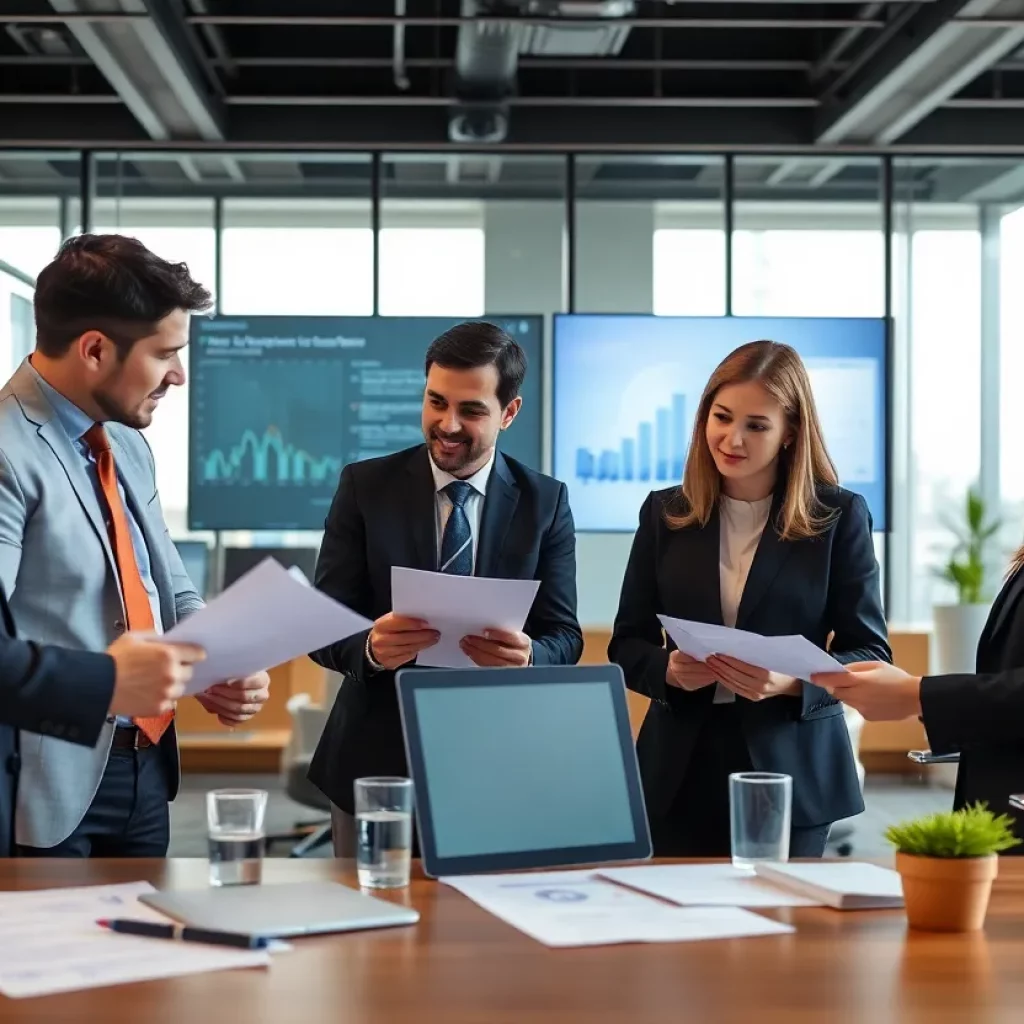Group of lawyers discussing compliance and regulatory challenges in a modern office.