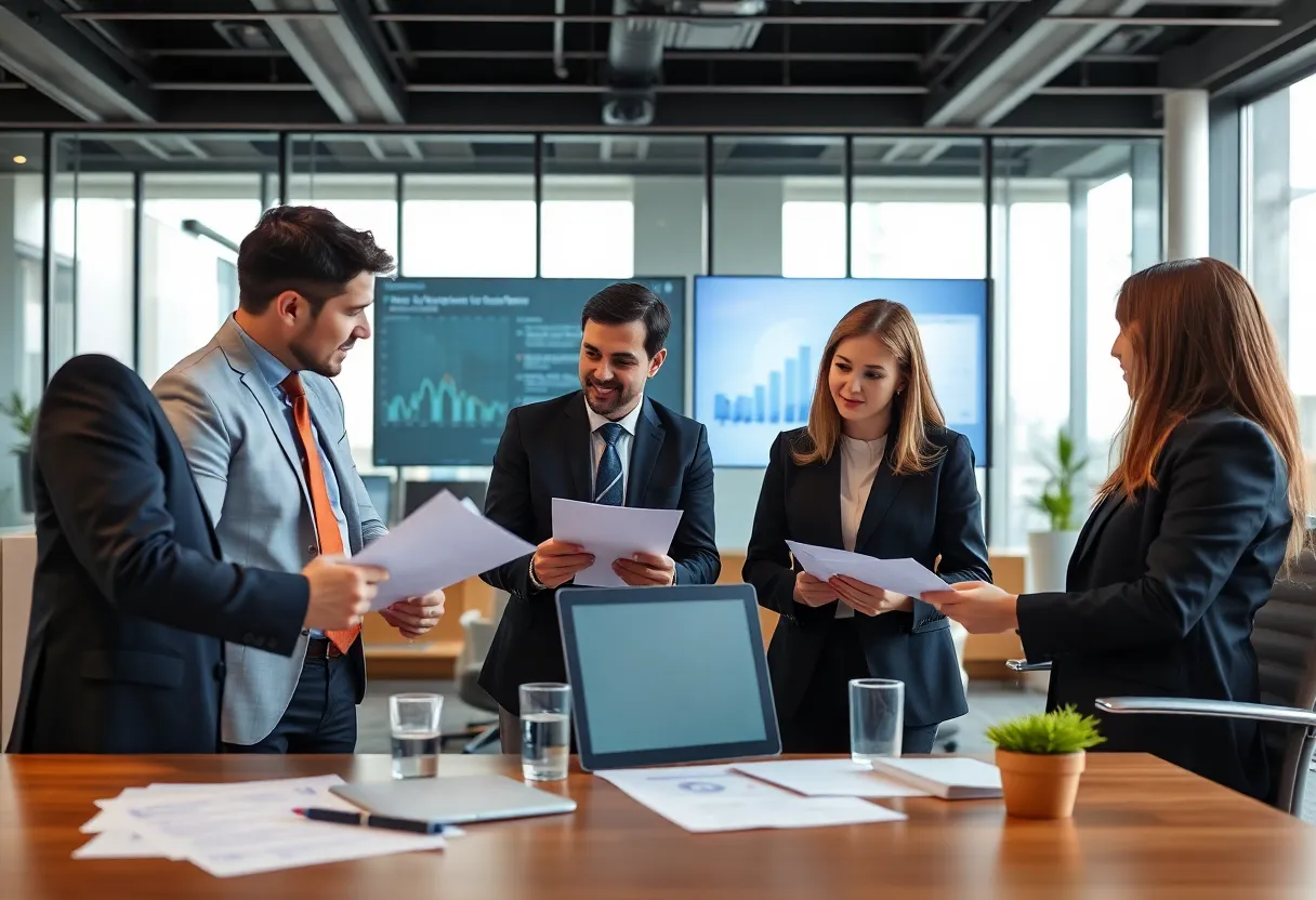 Group of lawyers discussing compliance and regulatory challenges in a modern office.