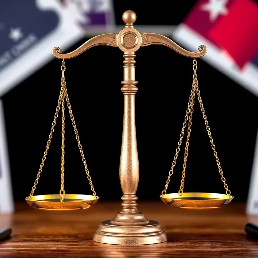 Abstract representation of legal controversy and public scrutiny