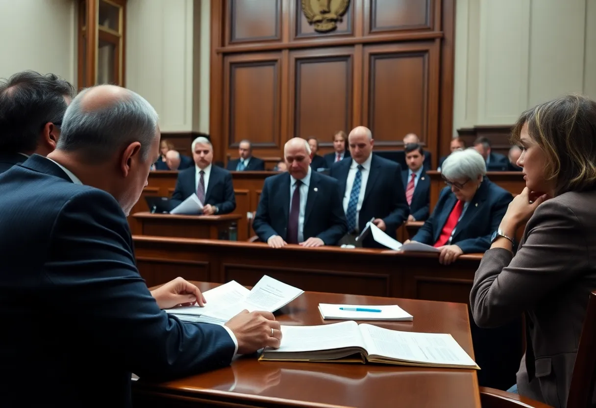 Courtroom legal argument scene