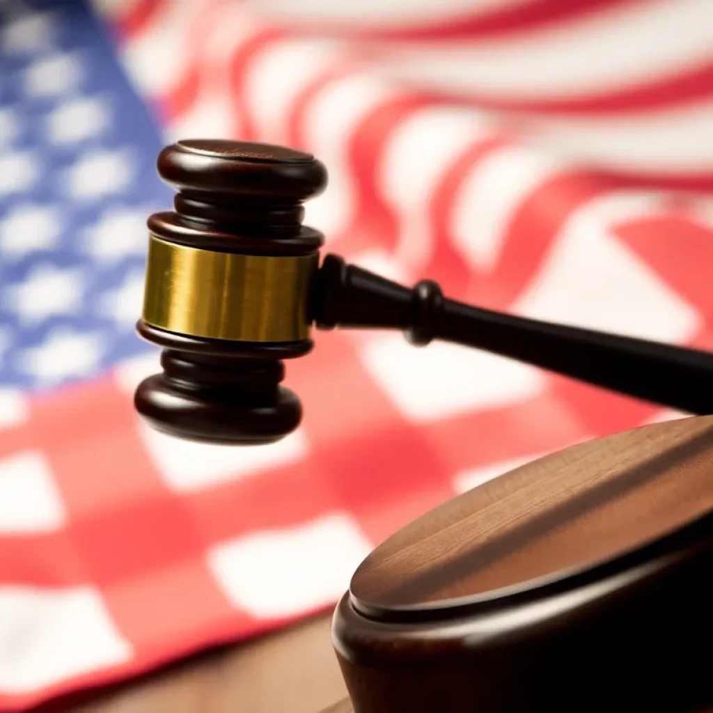 Gavel representing justice and the American flag in the background