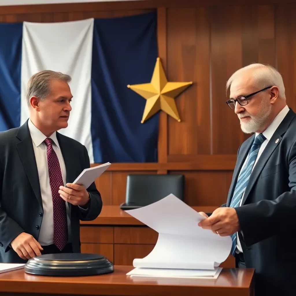 Courtroom scene with lawyers discussing Texas legal documents