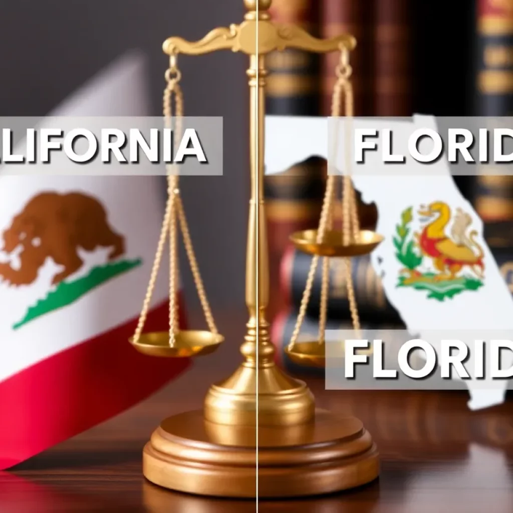 Illustration depicting legal reforms in California and Florida with symbols of justice.