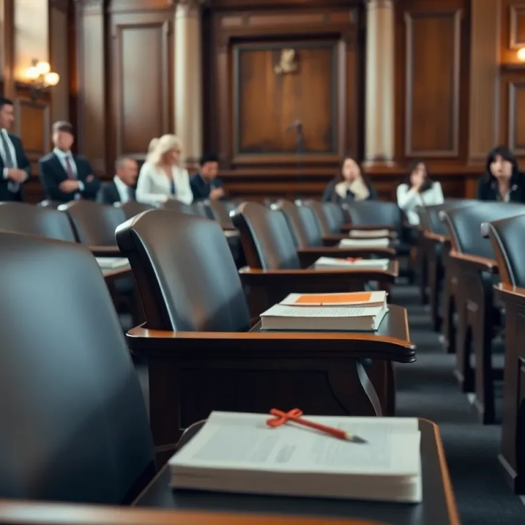 A courtroom with empty seats and legal books highlighting the lawyer shortage
