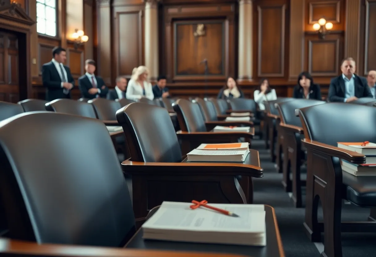 A courtroom with empty seats and legal books highlighting the lawyer shortage